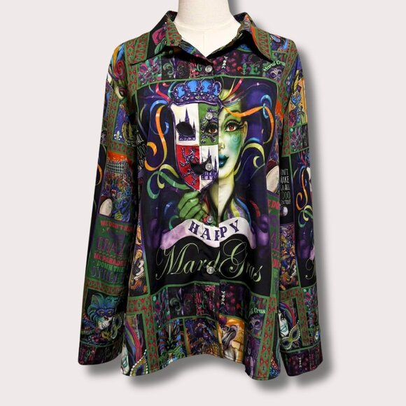 NWT JammyJob Mardi Gras Shirt Size L — Mask Graphic Button Front Top | Gift Idea - Picture 1 of 8